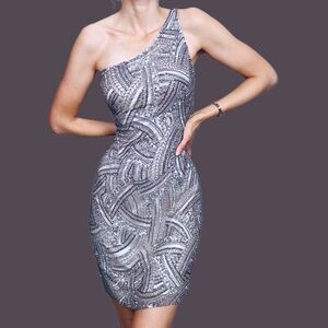 Vintage Camille La Vie Silk Sequin Beaded Dress Silver Metallic New Years Luxury